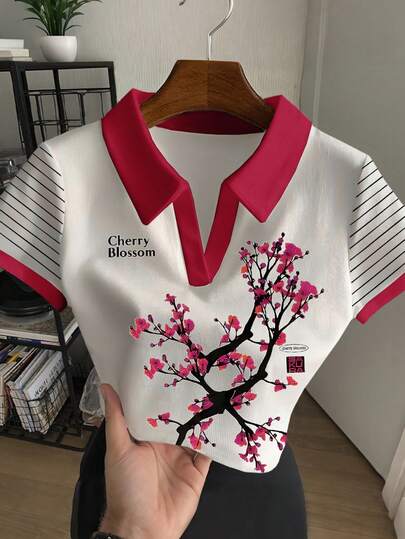 女士字母条纹印花 Polo 领短袖休闲上衣