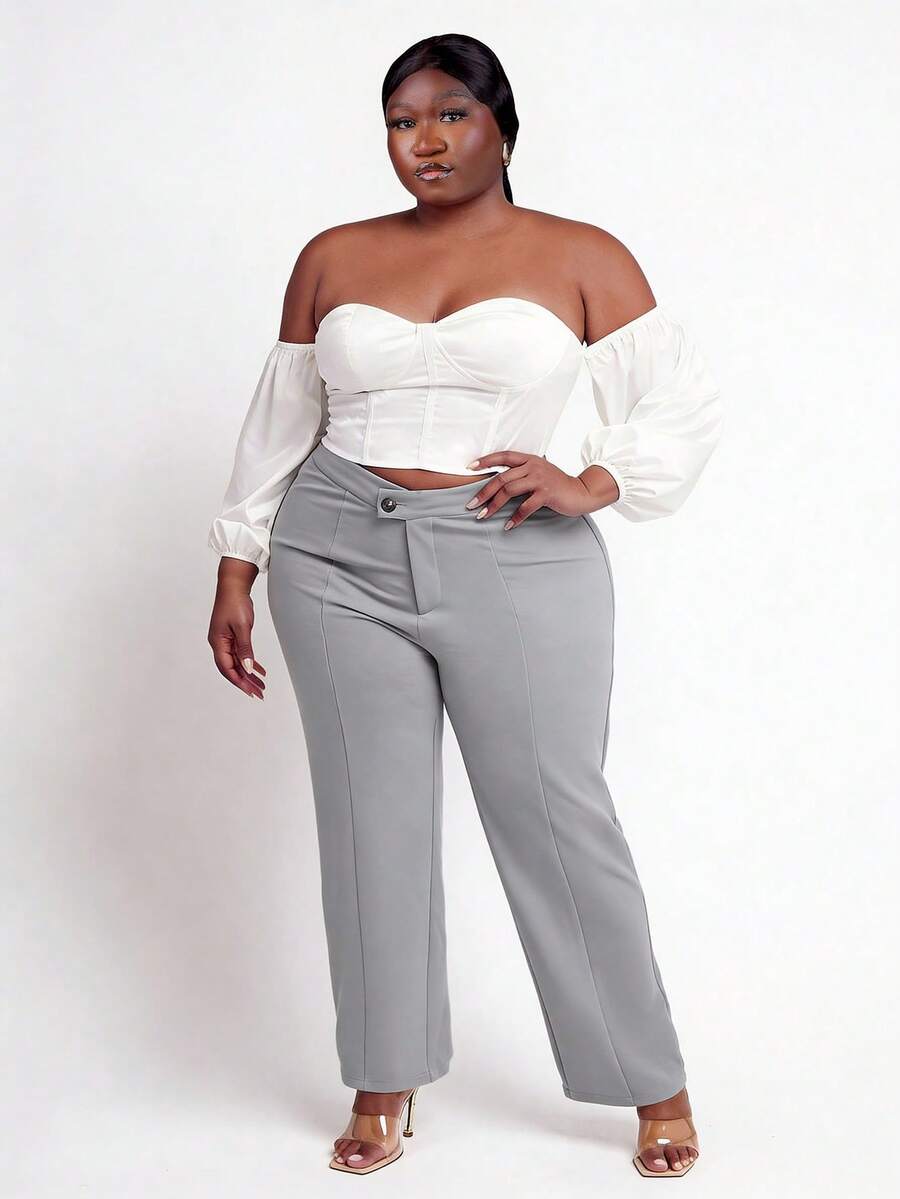 CurvyTilda 大碼高腰接縫細節長褲 - 灰色 - 查看 1