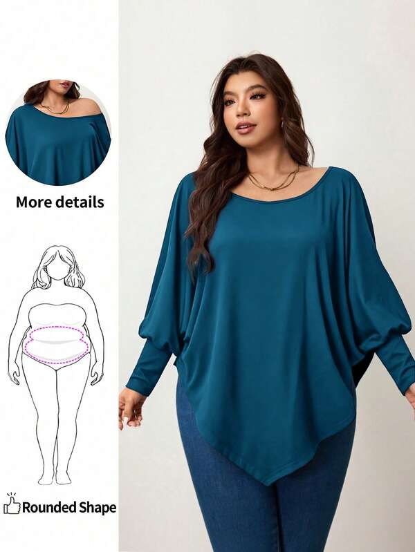Enliva Plus Size Women Asymmetrical Hem Batwing Sleeve Solid Color Oblique Shoulder Loose Casual Top T-Shirt Fall Top For Women, Winter, For Apple And Rounded Body Shape