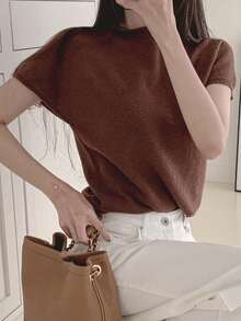 DAZY 女士独特设计圆领短袖宽松针织上衣 - 棕色 - 查看 7