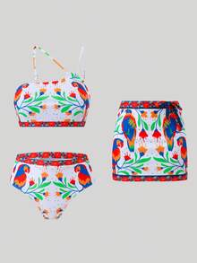Swim Oasis 2pcs Plus Size Women's Fashionable Sexy One Shoulder Tropical Bird Digital Print Tankini Swimwear Set, Beach Outfit - Multicolor - View 1