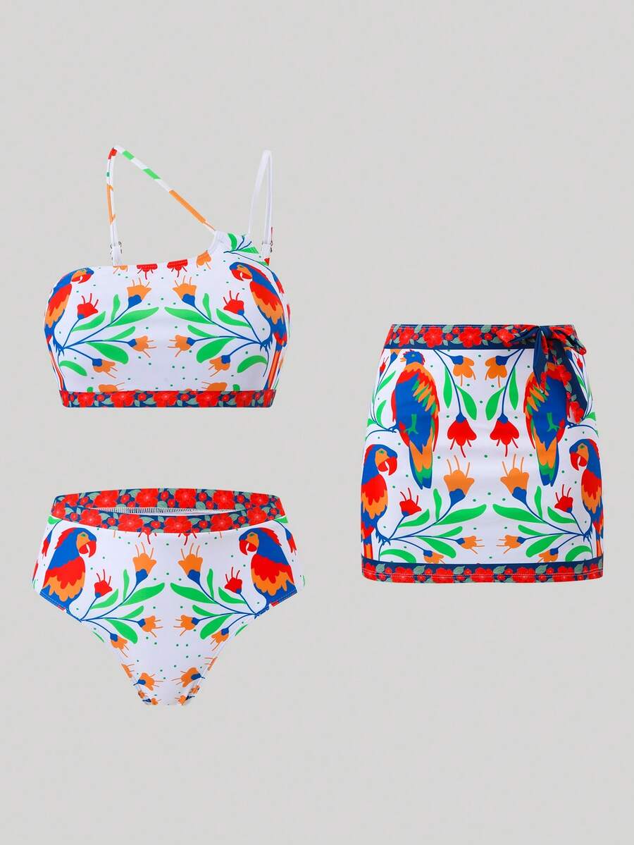 Swim Oasis 2pcs Plus Size Women's Fashionable Sexy One Shoulder Tropical Bird Digital Print Tankini Swimwear Set, Beach Outfit - Multicolor - View 1