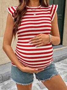 SHEIN Maternity Vacation Sweet Top Summer Women, Vacation Women Striped Round Neck Flutter Sleeve Casual T-Shirt - Red - View 1