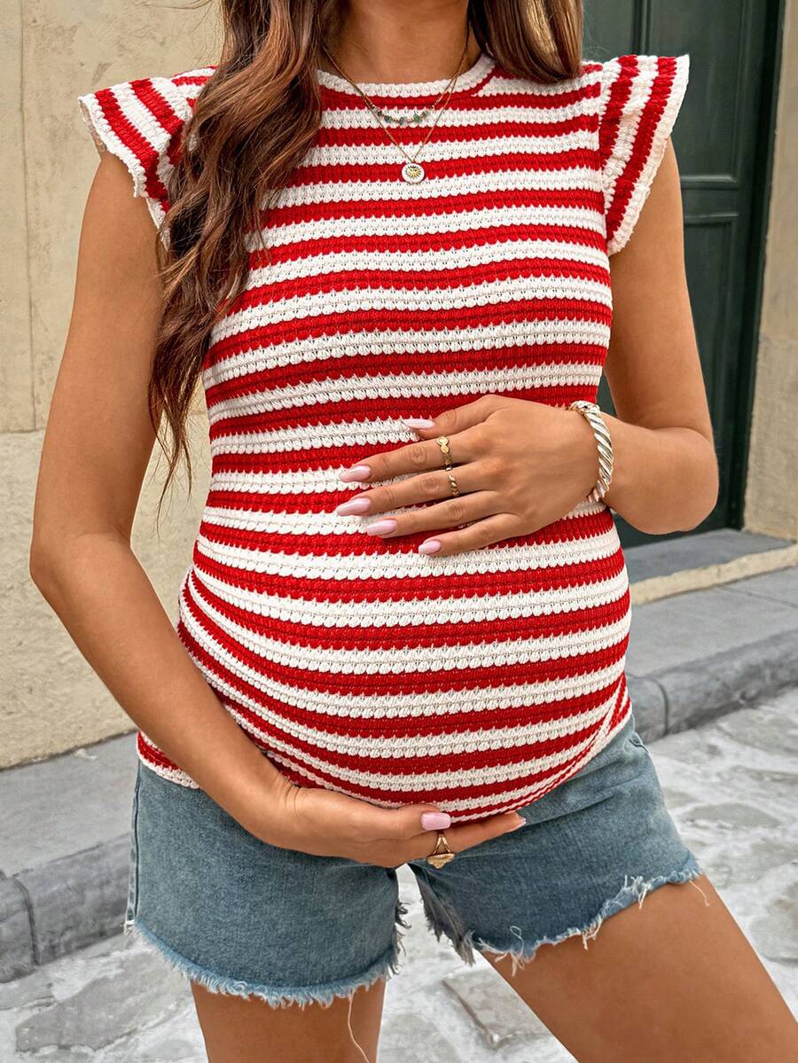 SHEIN Maternity Vacation Sweet Top Summer Women, Vacation Women Striped Round Neck Flutter Sleeve Casual T-Shirt - Red - View 1
