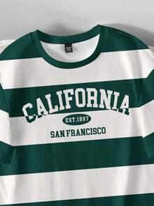 Manfinity Joysei Men's Letter & Striped Print Round Neck Casual Versatile Short Sleeve T-Shirt - Dark Green - View 2