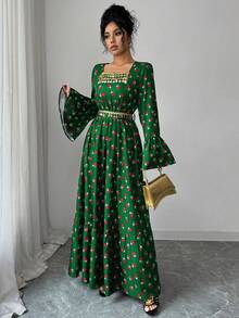 Yasmyna 女士方领荷叶边喇叭袖亮片流苏系腰优雅印花连衣裙 - 綠色 - 查看 3