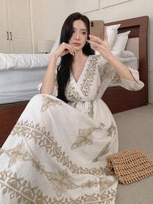 DAZY Women's V-Neck 3/4 Sleeve Waist Cinched Vacation Style Embroidered Maxi Bohemian Dress - Gold - View 6