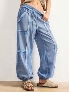 Bohemela 女士弹力腰宽松蓝色牛仔裤，裤脚毛边；浅蓝色胡萝卜牛仔裤。适合度假的女士Y2K风格沙滩裤，春季女士沙滩裤，适合度假的Y2K风格沙滩裤。 - 淺色水洗藍 - 查看 6