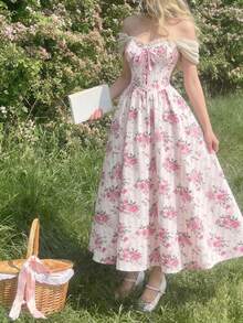 SHEIN MOD 复古花卉印花梦幻浪漫魅力连衣裙，配有束腰设计、荷叶边、蝴蝶结装饰和交叉系带——完美适用于约会、派对、节日、下午茶会和生日派对。 - 彩色 - 查看 3