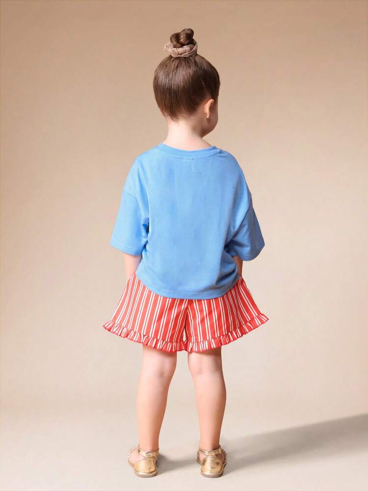 Graphic T-Shirt With Ruffle Striped Shorts Set