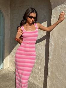 Selianne Sleeveless U-Neck Sexy Contrast Stripe Knit Dress, Waist-Cinching, Chic & Slimming, Spring/Summer - Pink - View 5