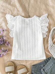 SHEIN 少女休闲度假家居拼接刺绣蕾丝边针织修身短款方领T恤上衣，白色 - 米色 - 查看 2