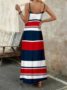 EMERY ROSE 女士舒适弹力针织海军蓝条纹红蓝撞色休闲度假长裙，适合夏季穿着，女士休闲连衣裙，时尚连衣裙 - 彩色 - 查看 2