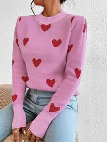 EMERY ROSE Heart Jacquard Crew Neck Casual Long Sleeve Women Sweater, Autumn/Winter - Pink - View 6