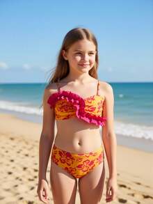 3pcs/Set Tropical Print Ruffled Tween Girl Swimwear Set - Multicolor - View 5