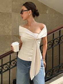 Siren Gaze 新款露肩金属扣装饰女式衬衫，春夏款 - 杏色 - 查看 6