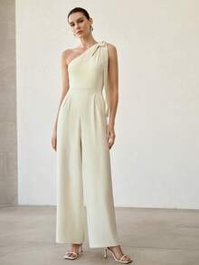 MOTF PREMIUM WOMEN'S ELEGANT CUTOUT BOW ONE SHOULDER SLEEVELESS JUMPSUIT WITHOUT BELT, HIGH-QUALITY SPRING/SUMMER 2026 NEW ARRIVAL - Beige - View 2