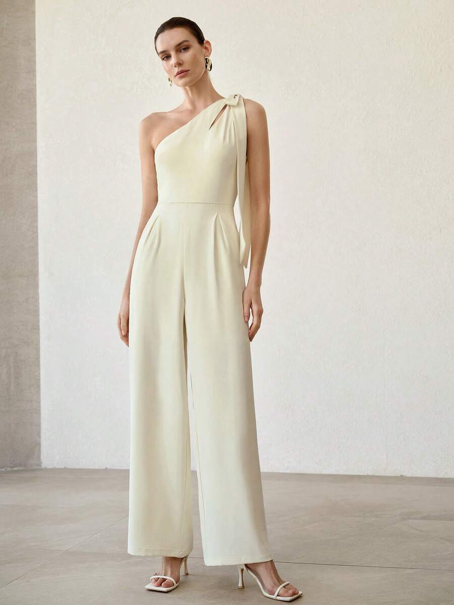 MOTF PREMIUM WOMEN'S ELEGANT CUTOUT BOW ONE SHOULDER SLEEVELESS JUMPSUIT WITHOUT BELT, HIGH-QUALITY SPRING/SUMMER 2026 NEW ARRIVAL - Beige - View 2