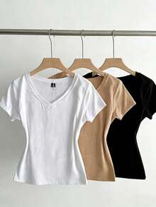 SHEIN EZwear 3件装女士夏季V领紧身T恤，朋克亚文化动漫纯色基础款V领短袖修身T恤 - 彩色 - 查看 3