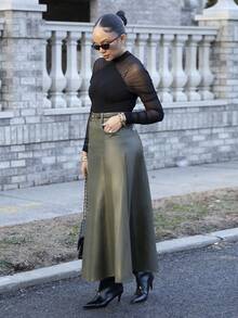 Melissa Matos 2025秋冬新款派对/新年百褶裙，女士休闲时尚军绿色仿皮柔软舒适A字裙，商务通勤/日常穿着皆宜，适合5-15℃，万圣节、圣诞节、情人节、感恩节等场合，也适合办公室、下午茶、节日派对、婚礼宾客等场合，简约优雅都市时尚，纯色修身百搭通勤裙 - 軍綠色 - 查看 3