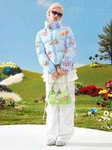 Teletubbies X ROMWE 女士保暖印花拉链立领羽绒服，冬季 - 藍色 - 查看 6