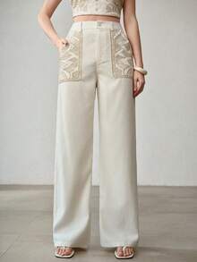 MOTF PREMIUM 刺绣斜插口袋阔腿裤 - 杏色 - 查看 5