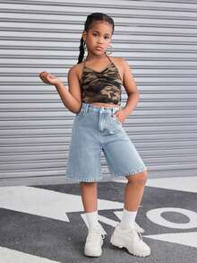 SHEIN Tween Girl Trending Retro Washed Loose Fit Baggy Bermuda Denim Shorts With Slanted Pockets, Fall Streetwear,Kids - Light Wash - View 5