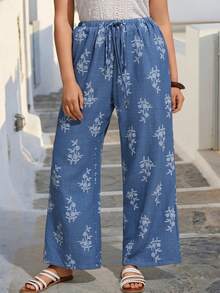 Linhara CURVE Women's Loose Wide Leg Pants, Spring/Summer Fashion Loose Pants, Linen-Like Texture Fabric Plus Size Women Clothing - Blue - View 7