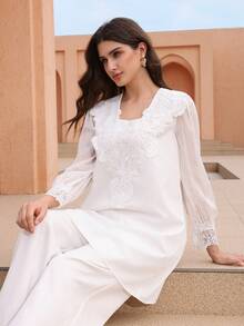 Graceveil Elegant Women's Lace Patchwork Long Sleeve Loose Casual Blouse, Versatile Design - White - View 10