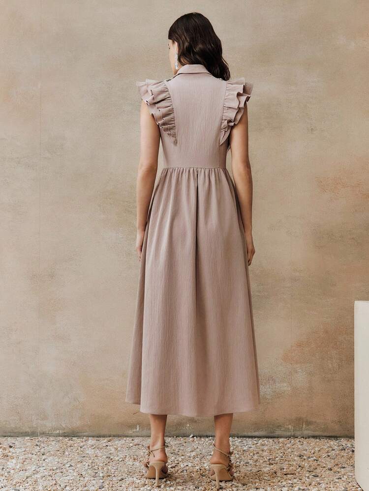 Women's Sleeveless Ruffled Rhinestone Embellished Long Shirt Dress, Spring/Summer