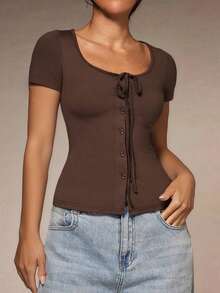 RiviMae Plus Size Women's Solid Color Front Tie Short Sleeve Single-Breasted Casual T-Shirt - Brown - View 3