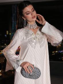 Layrah Loose Fit Long Sleeve Dress With Mesh Fabric, Butterfly Applique, Fashionable & Sweet - Baby Pink - View 2