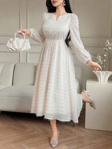 DAZY Women's Fringe Textured Fabric Waist Cinched Long Sleeve Elegant Dress - Beige - View 1