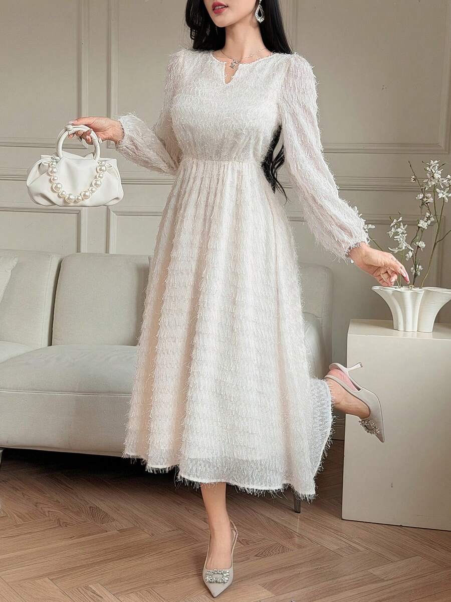 DAZY Women's Fringe Textured Fabric Waist Cinched Long Sleeve Elegant Dress - Beige - View 1