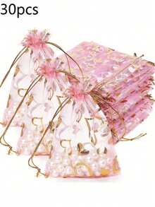 120/60/30/10个装红色爱心图案欧根纱束口袋，节日惊喜礼品袋，婚礼回礼袋，伴娘礼物，宾客回礼，珠宝收纳袋，沐浴礼品袋，单身派对礼物袋，糖果礼品网眼束口袋，适用于节日、婚礼、浪漫惊喜等场合。 - 粉紅鏤空愛心網袋 - 查看 13