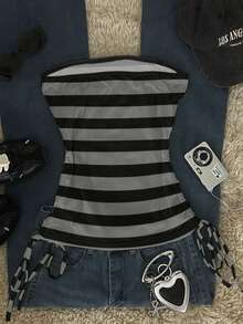 Noixe Summer Casual Striped Butterfly Print Tube Top - Multicolor - View 2