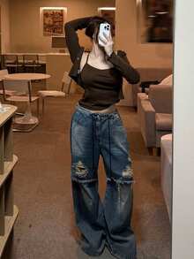 DAZY 2件套 女士开衫+吊带背心，长袖纽扣开衫薄款衬衫 - 棕色 - 查看 2