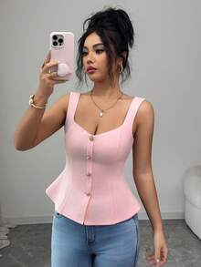 Elenzga Women's Fashionable Elegant Square Collar Button-Up Pleated Waist Fitted Camisole - Pink - View 1