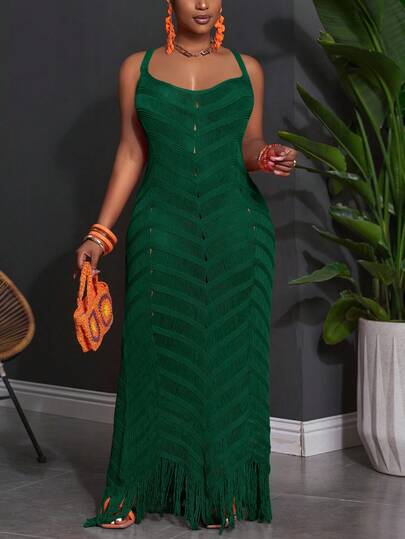 Slaydiva Plus Size Summer Sleeveless Hollow Out Sheer Dress