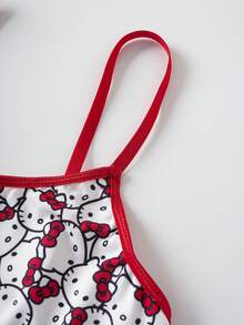 HELLO KITTY AND FRIENDS | SHEIN 女士可爱猫咪印花圆领吊带背心和内裤套装，舒适 - 紅白色 - 查看 3
