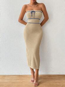 Pariaura Women's Autumn/Winter Strapless Knit Sexy Dress, High-Quality Vacation Style Long Dress - Khaki - View 4
