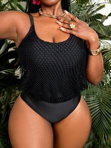 Slaydiva Plus Size Solid Color Casual Slim Fit Summer Beach Tankinis Mesh Swimwear Bathing Suit Swimsuits For Woman Plus Size Plus Bathing Suits For Women - Black - View 1