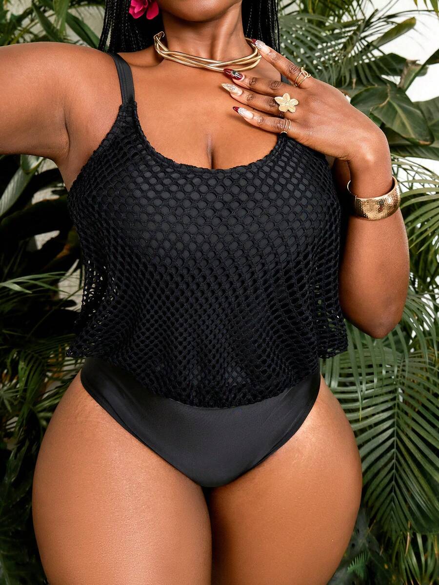 Slaydiva Plus Size Solid Color Casual Slim Fit Summer Beach Tankinis Mesh Swimwear Bathing Suit Swimsuits For Woman Plus Size Plus Bathing Suits For Women - Black - View 1