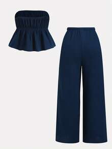 SHEIN 少女夏季休闲度假藏蓝色梭织棉吊带背心和裤子套装 - 藍色 - 查看 2