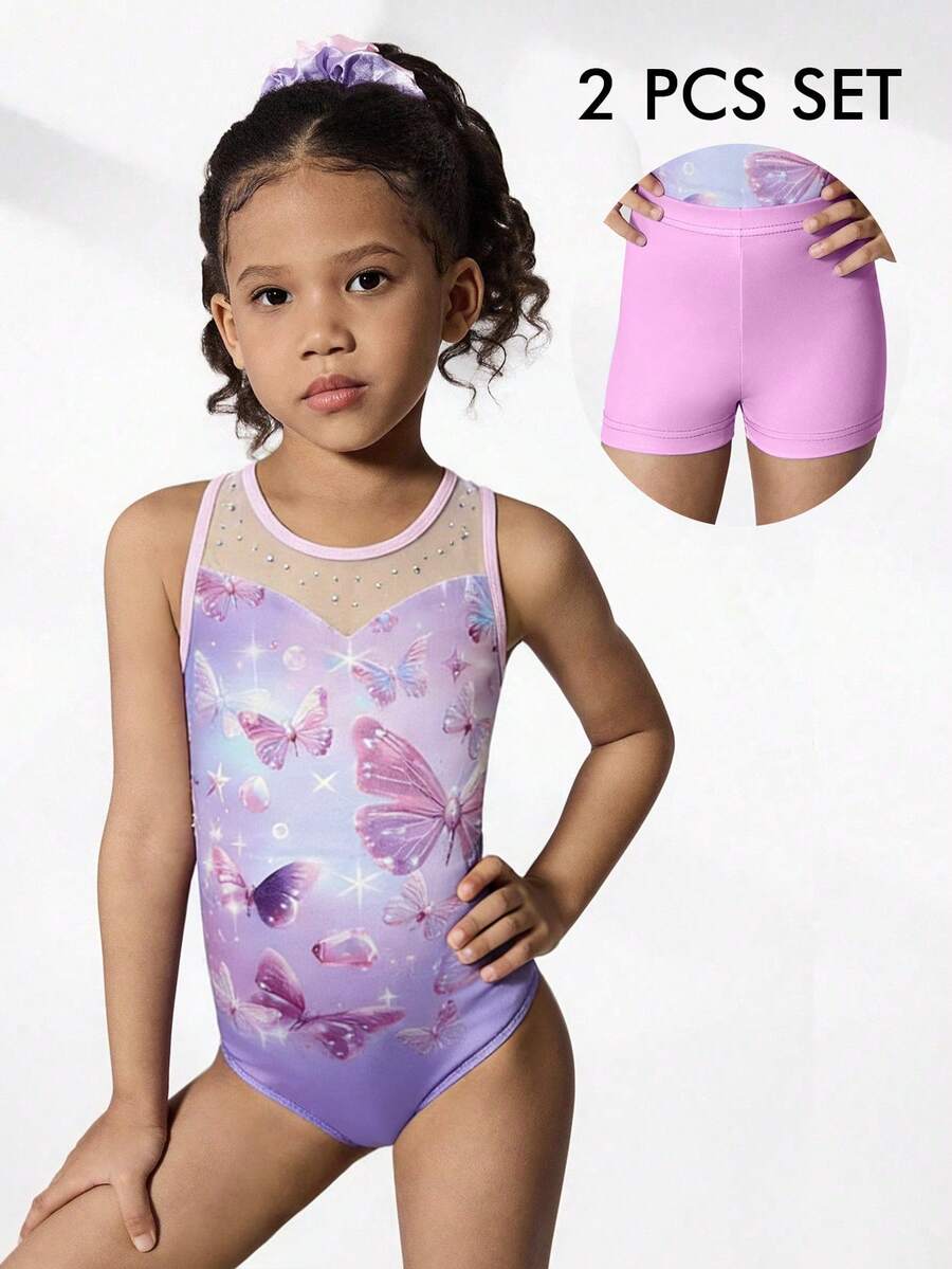 SHEIN Bộ 2 món đồ tập thể dục dụng cụ cho bé gái, áo liền quần và quần short, họa tiết dễ thương và trang trí đính đá, phù hợp cho mặc thường ngày, thể thao và thi đấu. - Hồng - Xem 1