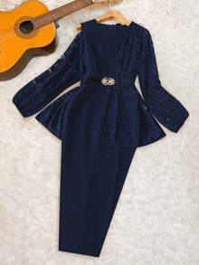 GlowEve CURVE Stylish Navy Blue Knitted Two Piece Set For Women Elegant Regular Sleeve Jacket And Bodycon Skirt With Plant Pattern - Navy Blue - View 2
