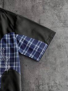 AXEPEAK Men's Plaid Print Rhinestone Decor Front Button Casual Short Sleeve Shirt - Multicolor - View 4