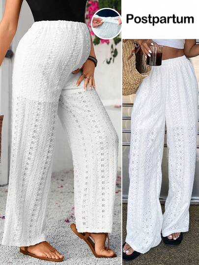 SHEIN Adjustable Waist Hollow Out Embroidery Loose Maternity Pants, Spring Outfit Women , Spring Break Outfits
