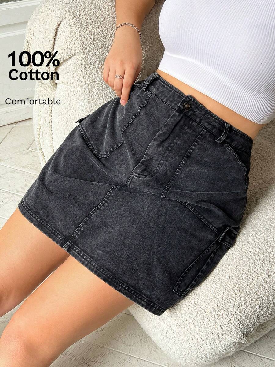 Solflare Plus Size Women Distressed Denim Effect Woven A-Line Skirt With Pockets - Black - View 1