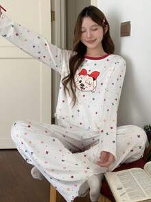 DAZY 女士秋季两件套快乐狗狗印花星星图案宽松长袖长裤睡衣套装 - 米色 - 查看 7